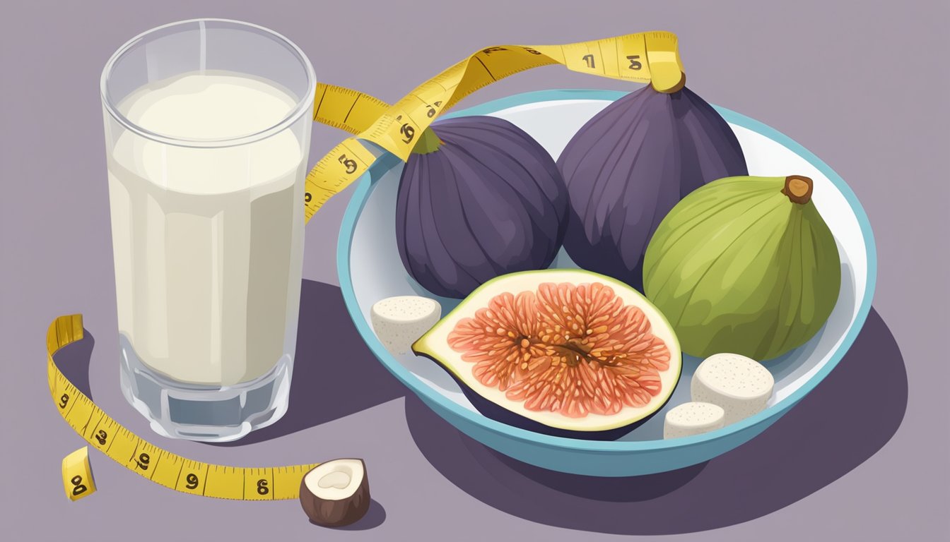 A bowl of figs surrounded by a tape measure, a glass of milk, and a bone to represent bone density and osteoporosis