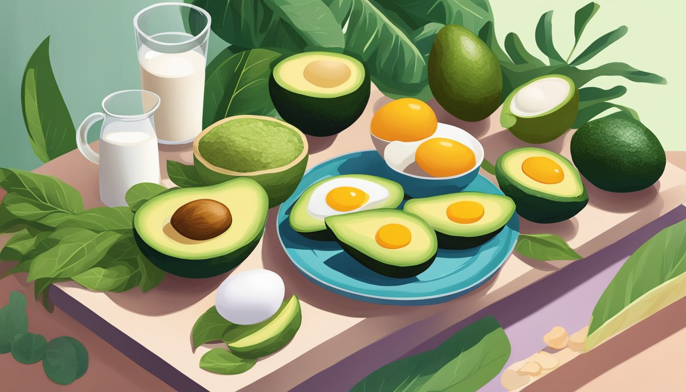 A colorful array of nutrient-rich foods like avocados, eggs, and yogurt, surrounded by vibrant greenery and calming elements like a yoga mat and meditation cushion