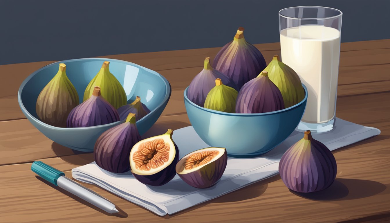 A bowl of fresh figs arranged next to a glass of milk and a measuring tape on a wooden table