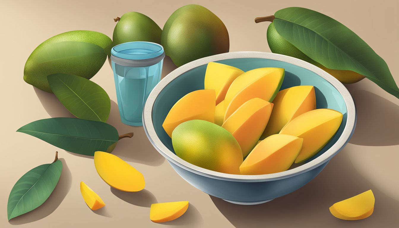 A bowl filled with ripe mango slices, surrounded by whole mangoes and a measuring cup