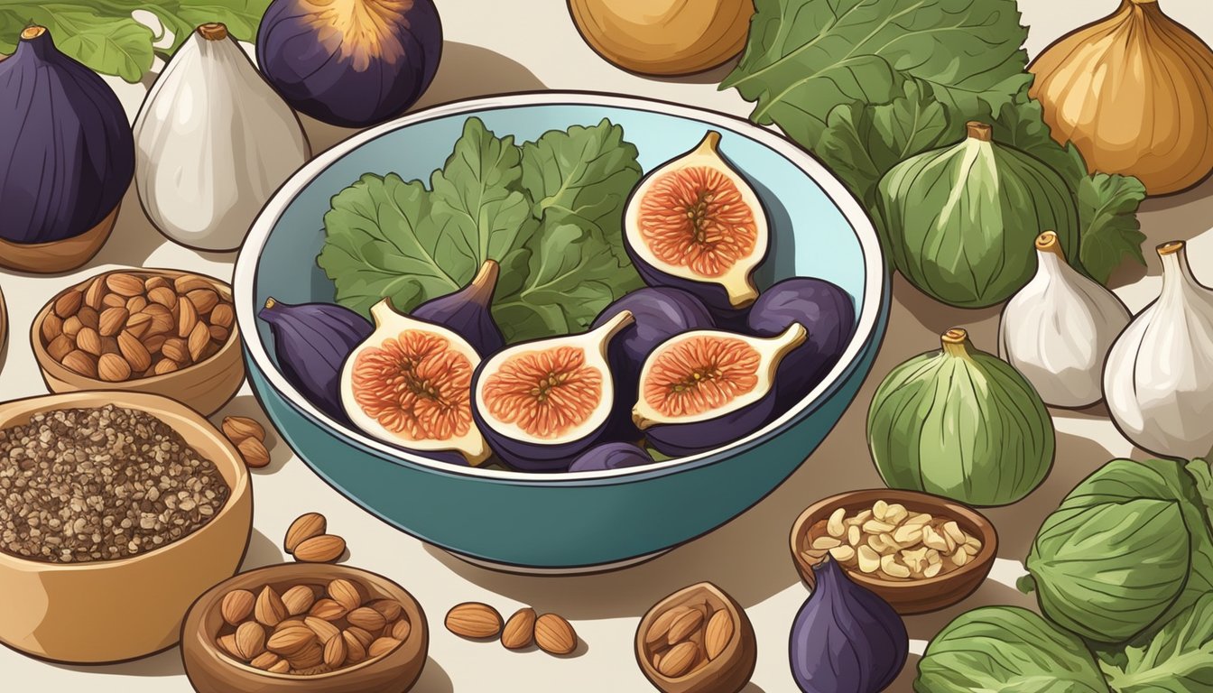 A bowl of figs surrounded by various foods known to promote bone health, such as leafy greens, nuts, and dairy products, on a kitchen counter