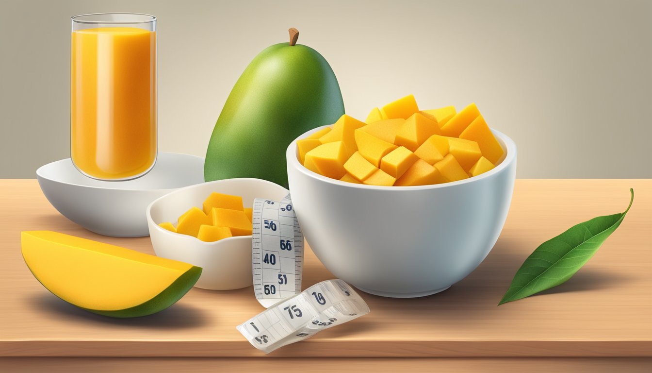 A bowl of mango slices next to other vitamin A sources, with a measuring cup showing the equivalent amount of mango needed to meet daily vitamin A needs