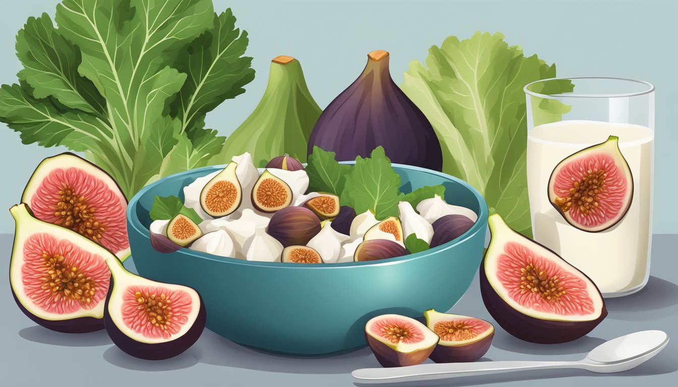 A bowl of figs surrounded by calcium-rich foods like dairy products and leafy greens, with a bone density chart in the background