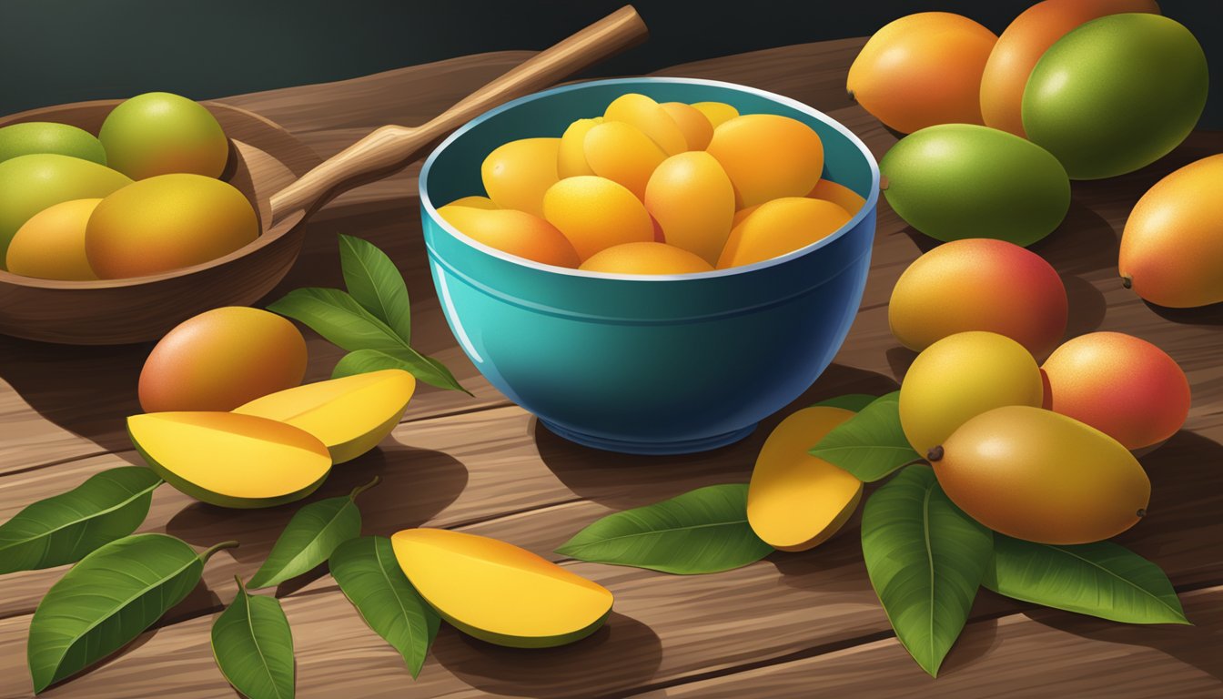 A bowl of ripe mangoes overflowing onto a rustic wooden table, with a measuring cup nearby