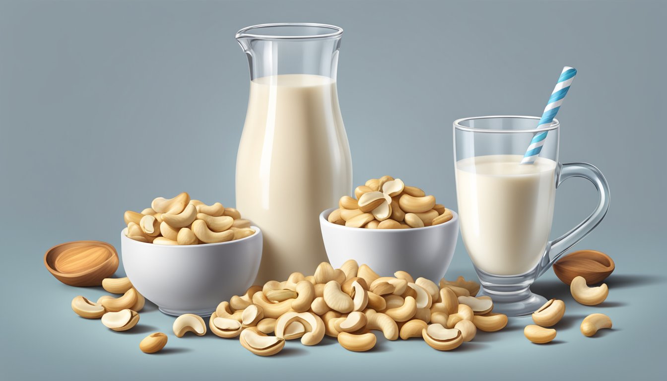 A glass of cashew milk overflowing with cashews, surrounded by a pile of cashew nuts and a measuring cup