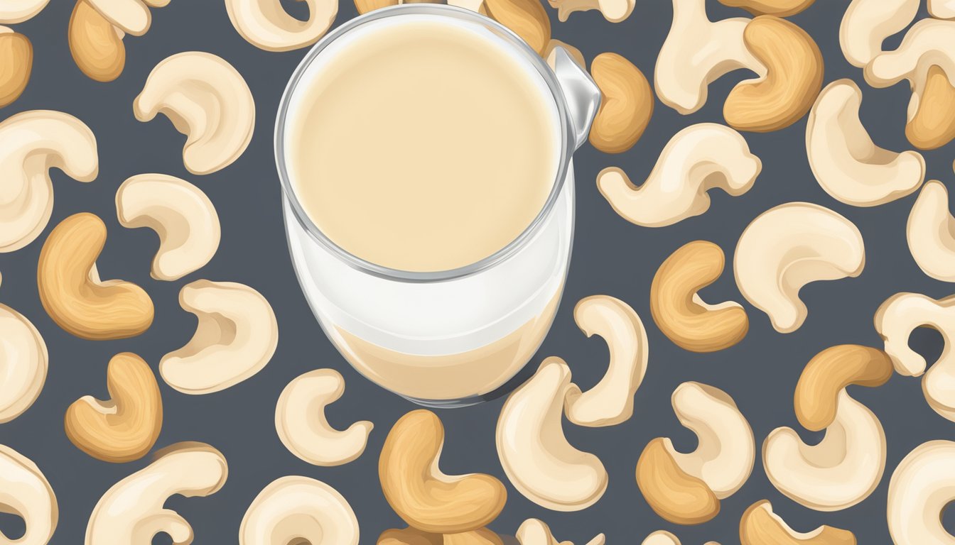 A glass of cashew milk overflowing with cashews