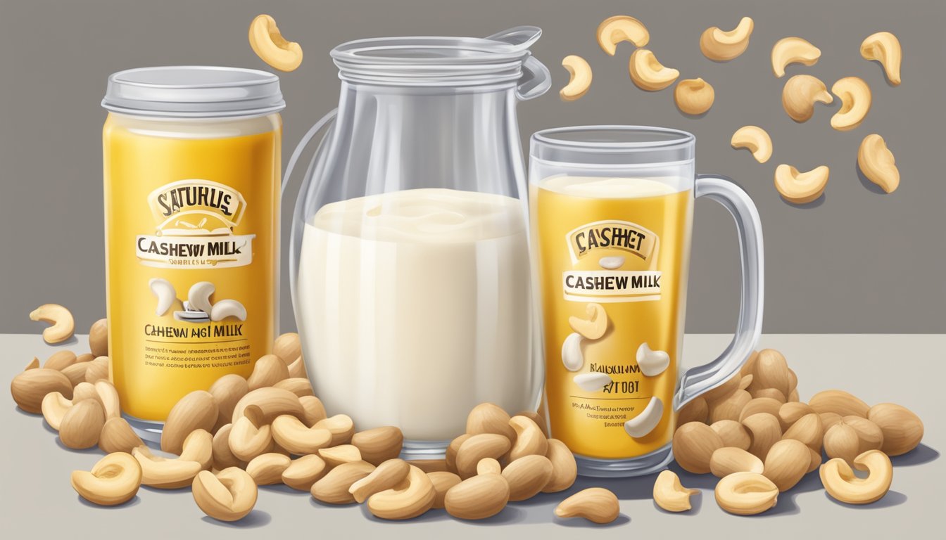 A glass of cashew milk overflowing with cashews, surrounded by caution signs and measuring cups