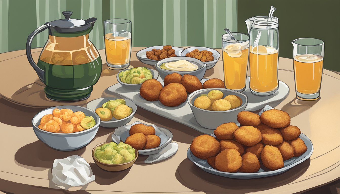 A table spread with southern snacks and sides, including shrimp and grits, hush puppies, and fried green tomatoes, with a pitcher of sweet tea