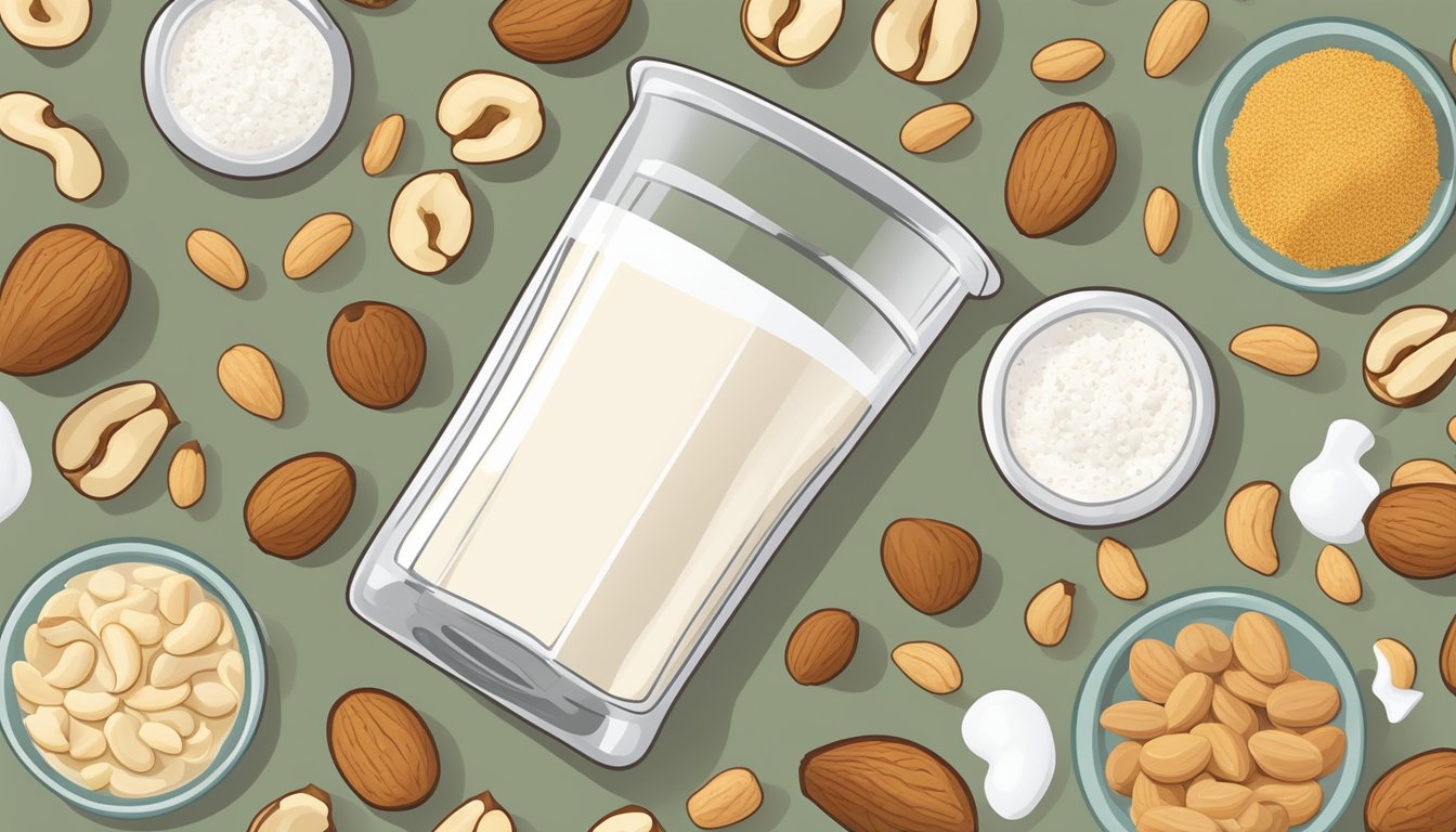 A glass of cashew milk surrounded by various nuts and milk alternatives, with a measuring cup indicating multiple servings