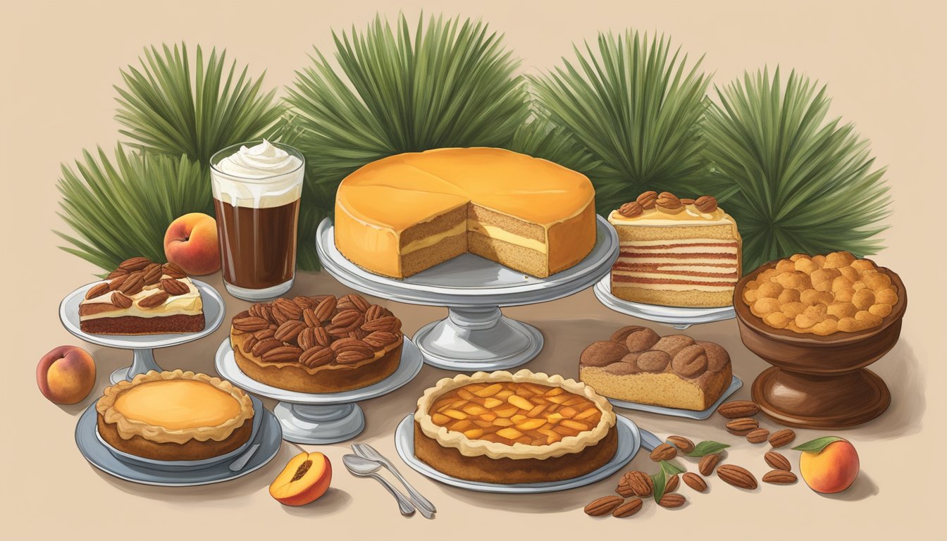 A table filled with iconic South Carolina desserts and sweet treats, such as peach cobbler, pecan pie, and red velvet cake, surrounded by the state's famous palmetto trees