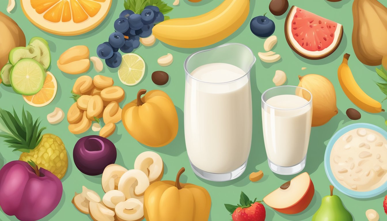 A glass of cashew milk surrounded by a variety of balanced diet food items, such as fruits, vegetables, whole grains, and lean proteins