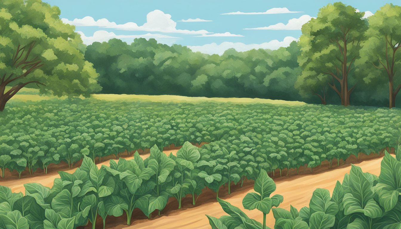 A lush field of okra, collard greens, and peaches under the South Carolina sun