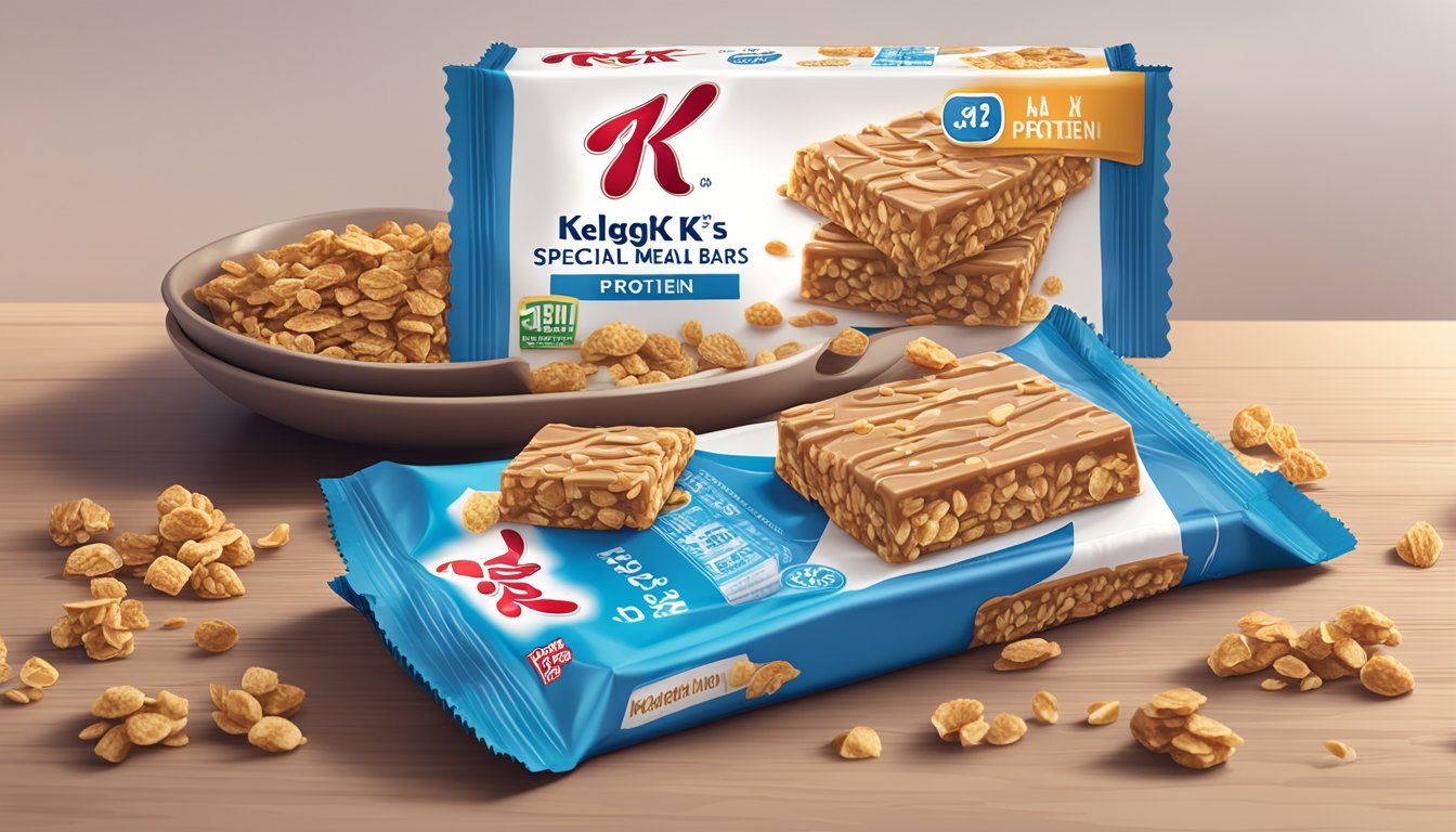 A pile of Kellogg's Special K protein meal bars stacked on a table, with a nutrition label next to them