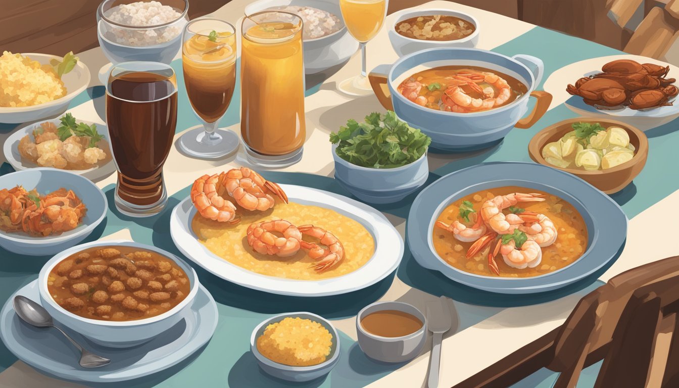 A colorful spread of South Carolina cuisine, featuring dishes like shrimp and grits, barbecue, she-crab soup, and sweet tea