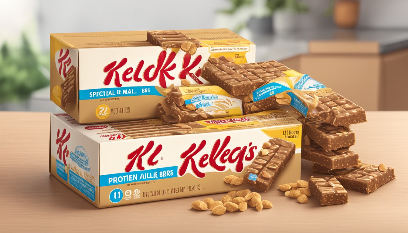 A pile of Kellogg's Special K protein meal bars stacking up, with a warning sign for allergen information and dietary restrictions