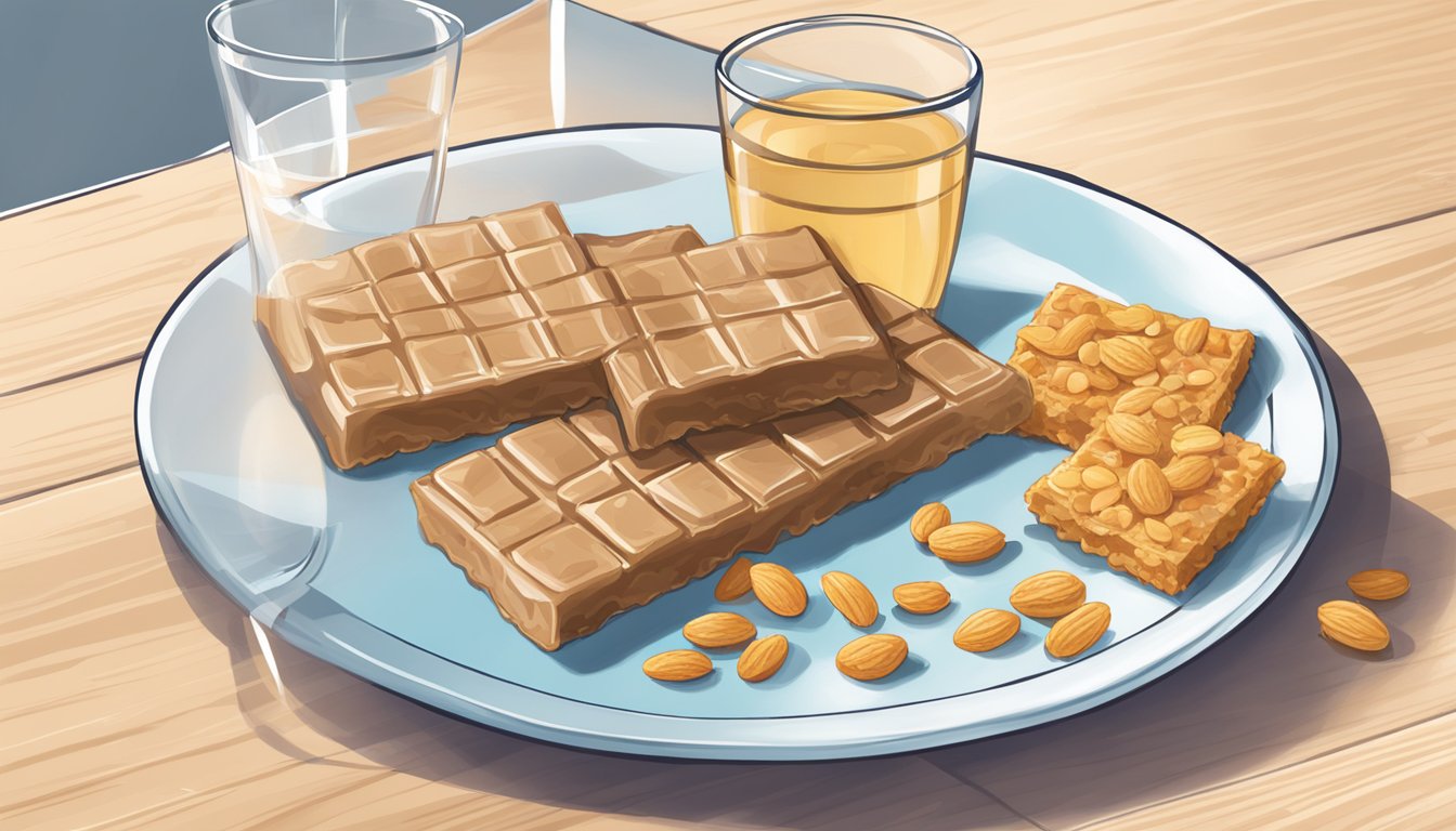 A table with multiple Kellogg's Special K protein meal bars, some partially unwrapped. An empty plate and glass of water nearby