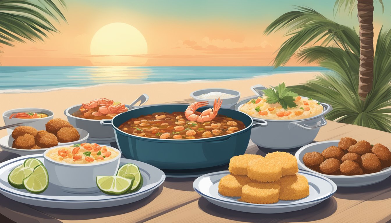 A table filled with dishes of shrimp and grits, crab cakes, and barbecue, surrounded by palm trees and a beach in the background