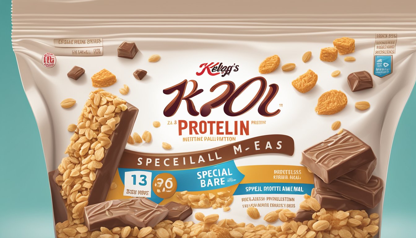 A table with an array of Kellogg's Special K protein meal bars, some partially unwrapped, surrounded by nutritional information and a warning label