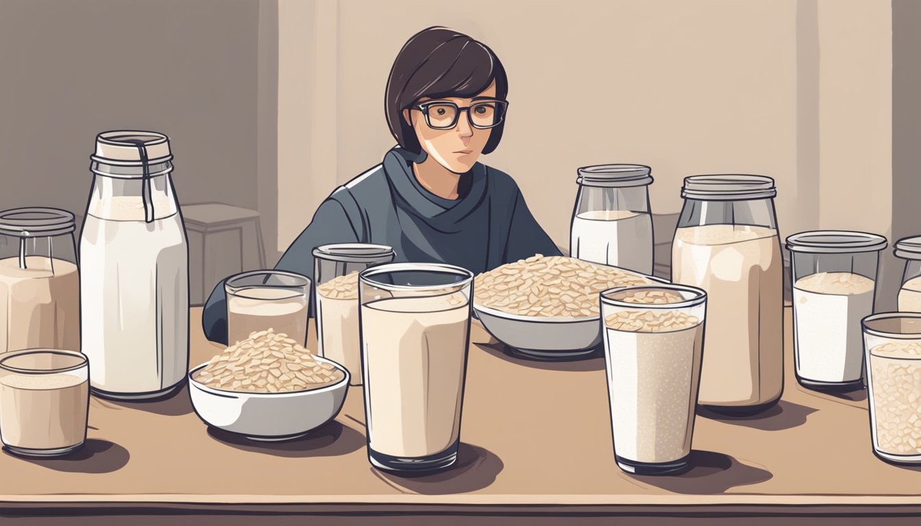 A table with multiple glasses of oat milk, some overflowing, surrounded by empty cartons and a concerned expression on a faceless figure's face