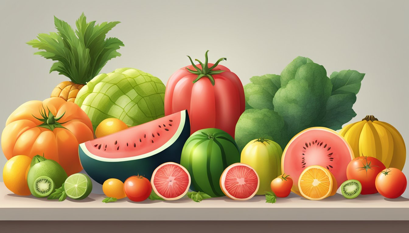 A colorful array of fruits and vegetables, such as tomatoes, watermelon, and papaya, arranged on a table