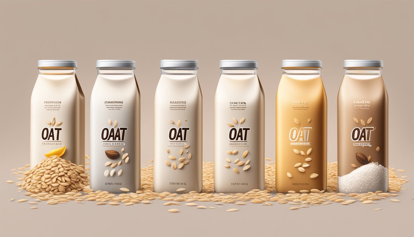 A variety of oat milk cartons with different additives, surrounded by overflowing glasses of oat milk