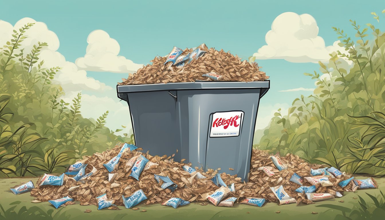 A pile of empty Kellogg's Special K protein meal bar wrappers overflowing from a trash can, surrounded by wilted plants and a sad-looking earthworm