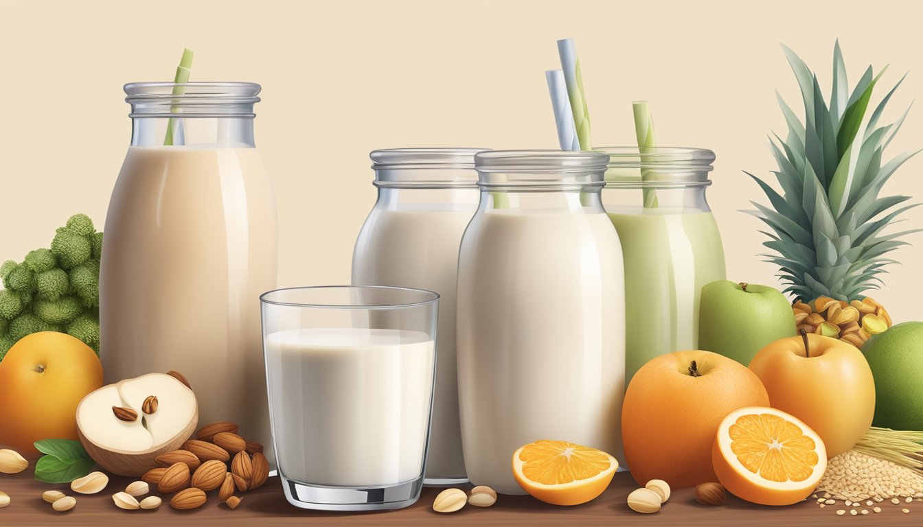 A glass of oat milk surrounded by a variety of fruits, vegetables, grains, and nuts on a table