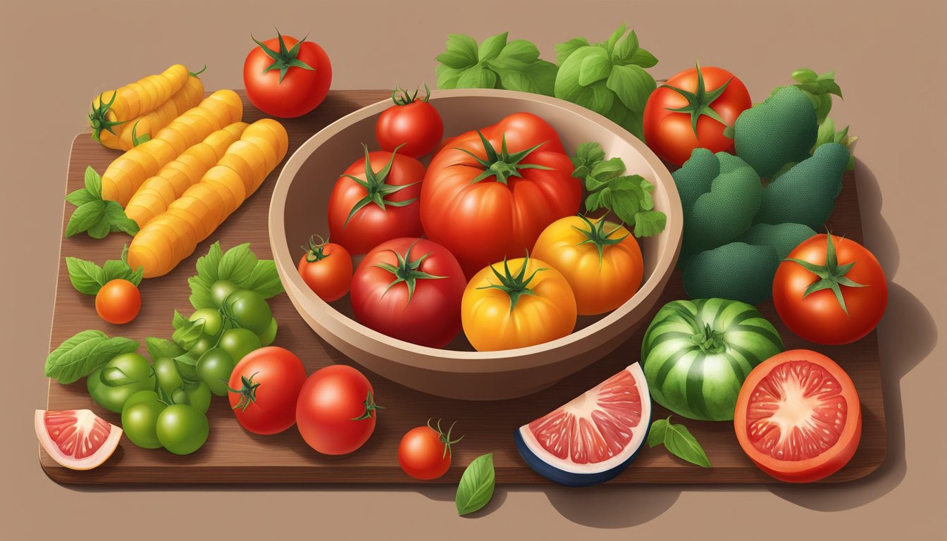 A bowl of vibrant red tomatoes and a variety of lycopene-rich fruits and vegetables arranged on a wooden cutting board