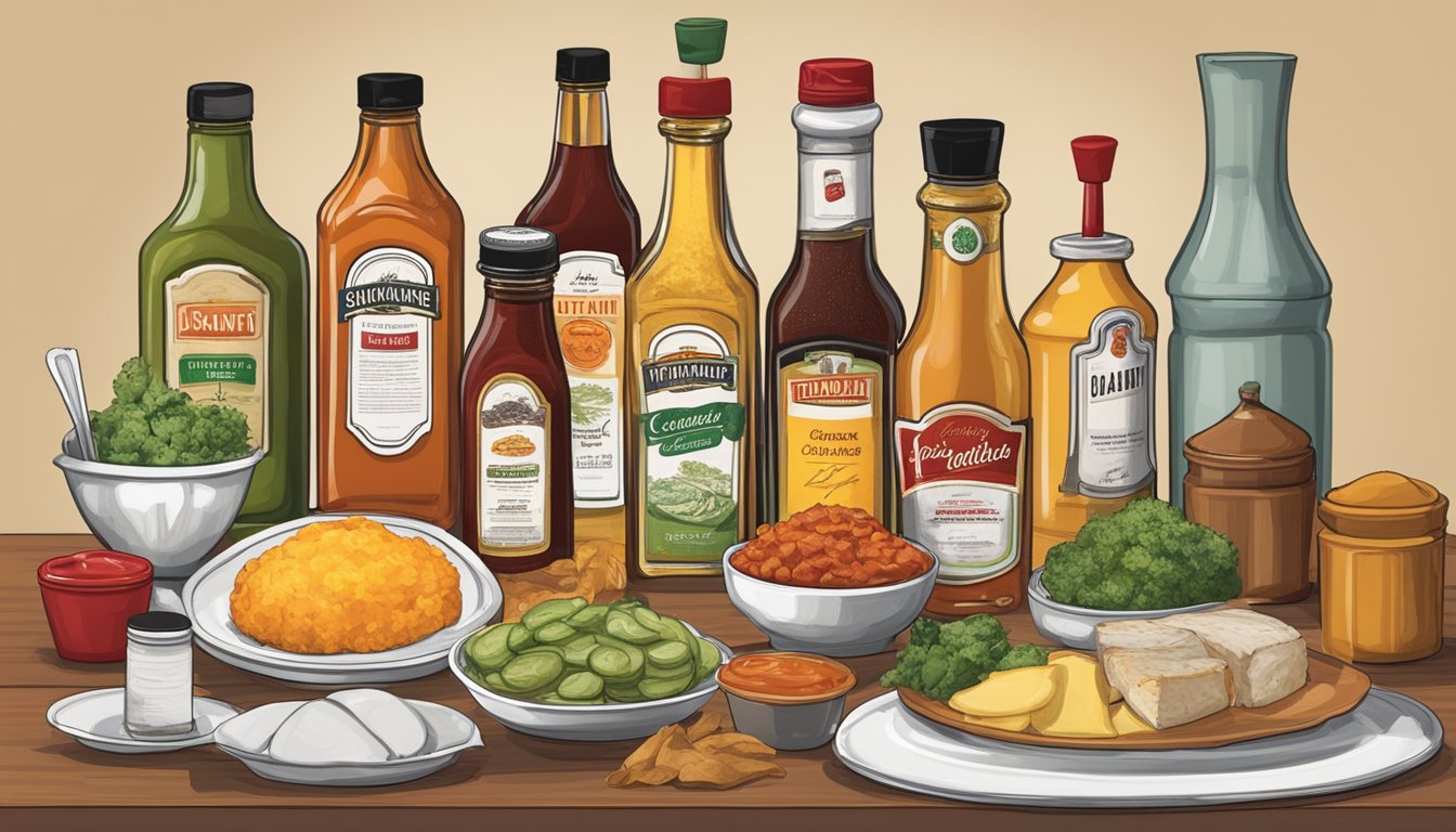 A table set with bottles of signature condiments and various sides, representing the famous Utah cuisine