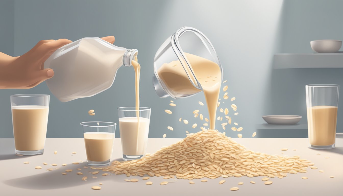 A person pouring excessive amounts of oat milk into a large glass, overflowing and spilling onto the table, with empty cartons scattered around