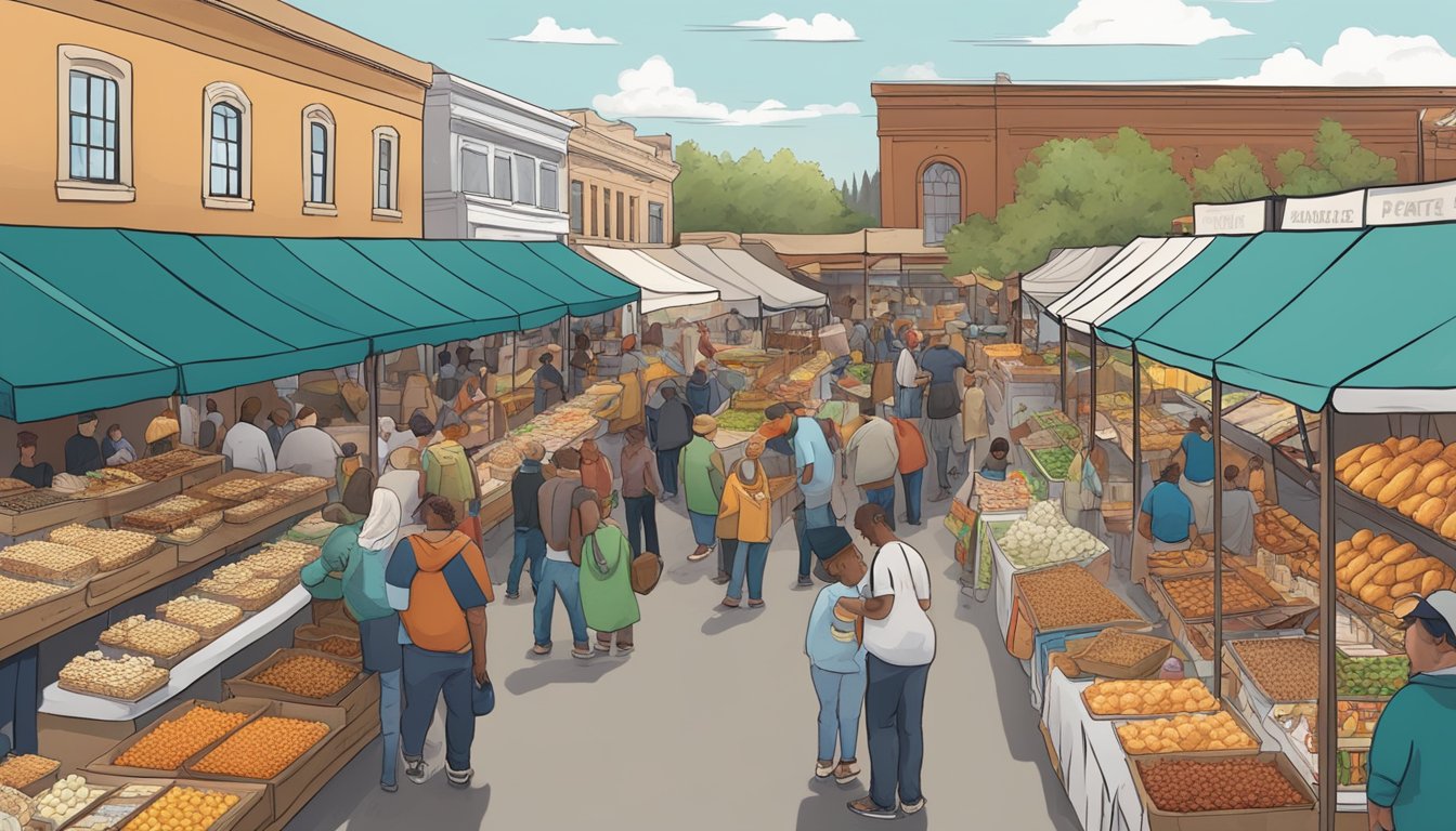 A bustling outdoor market in Utah, with vendors selling a variety of local foods like fry sauce, funeral potatoes, and honey-sweetened desserts