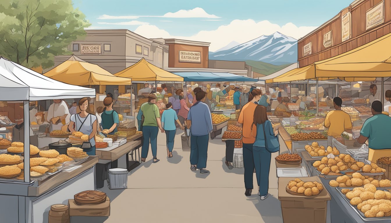 A bustling food market in Utah featuring iconic dishes like fry sauce, funeral potatoes, and scones