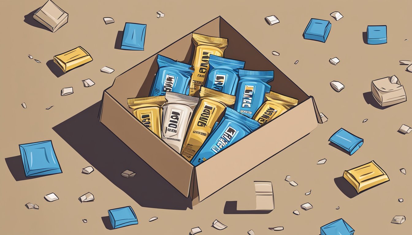 A pile of empty protein bar wrappers surrounds an open box, with a concerned expression on a person's face