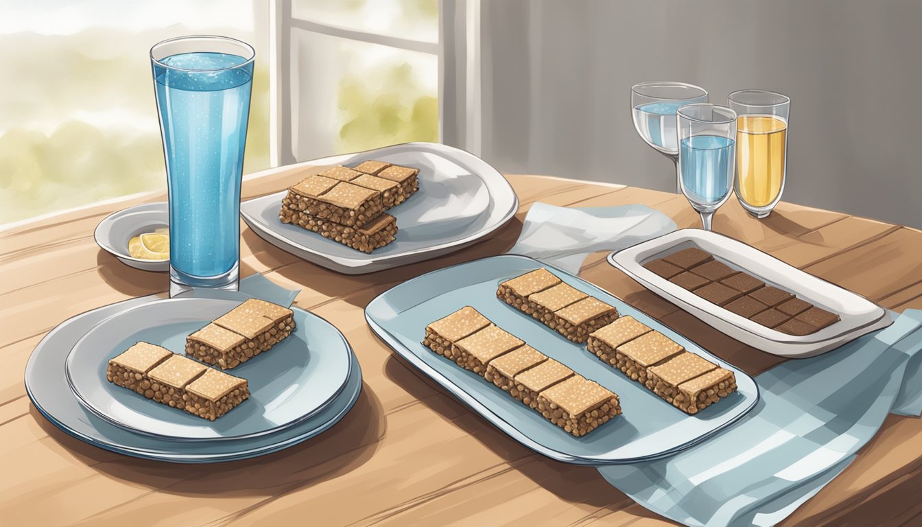 A table filled with open wrappers of Genius Gourmet Crispy Protein Bars, surrounded by empty plates and glasses of water