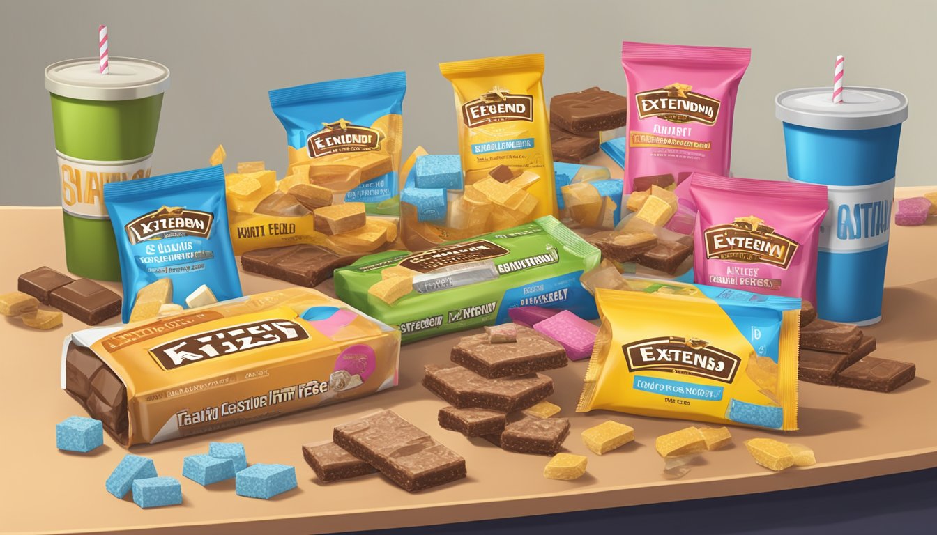 A table with an array of Extend Nutrition sugar free bars, surrounded by caution signs and a measuring tape