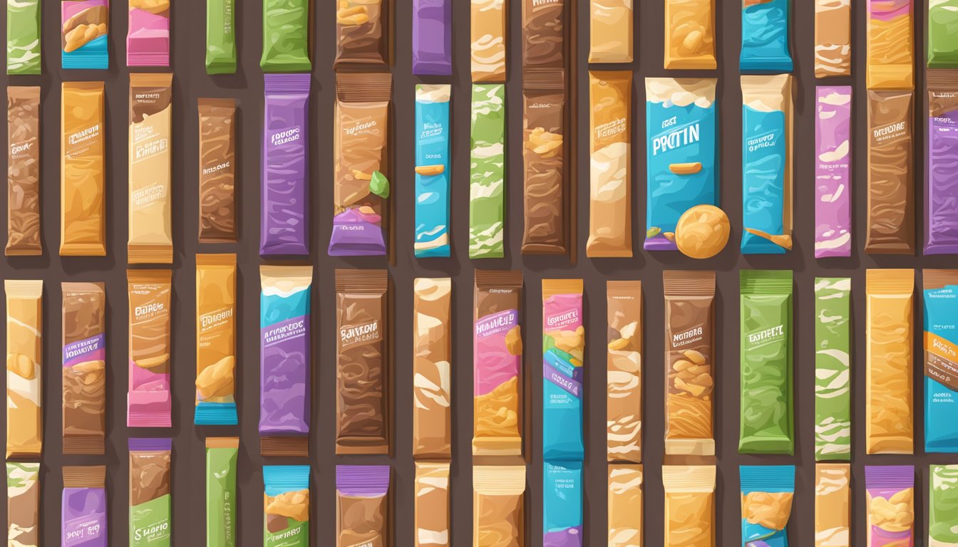 A colorful array of protein bars stacked in a neat arrangement, with various flavors and varieties on display