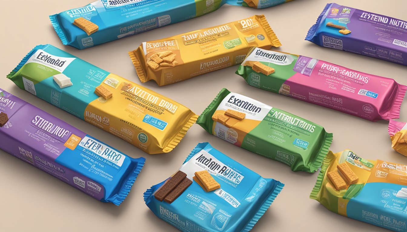 A variety of Extend Nutrition sugar free bars stacked on a table, with a nutrition label visible