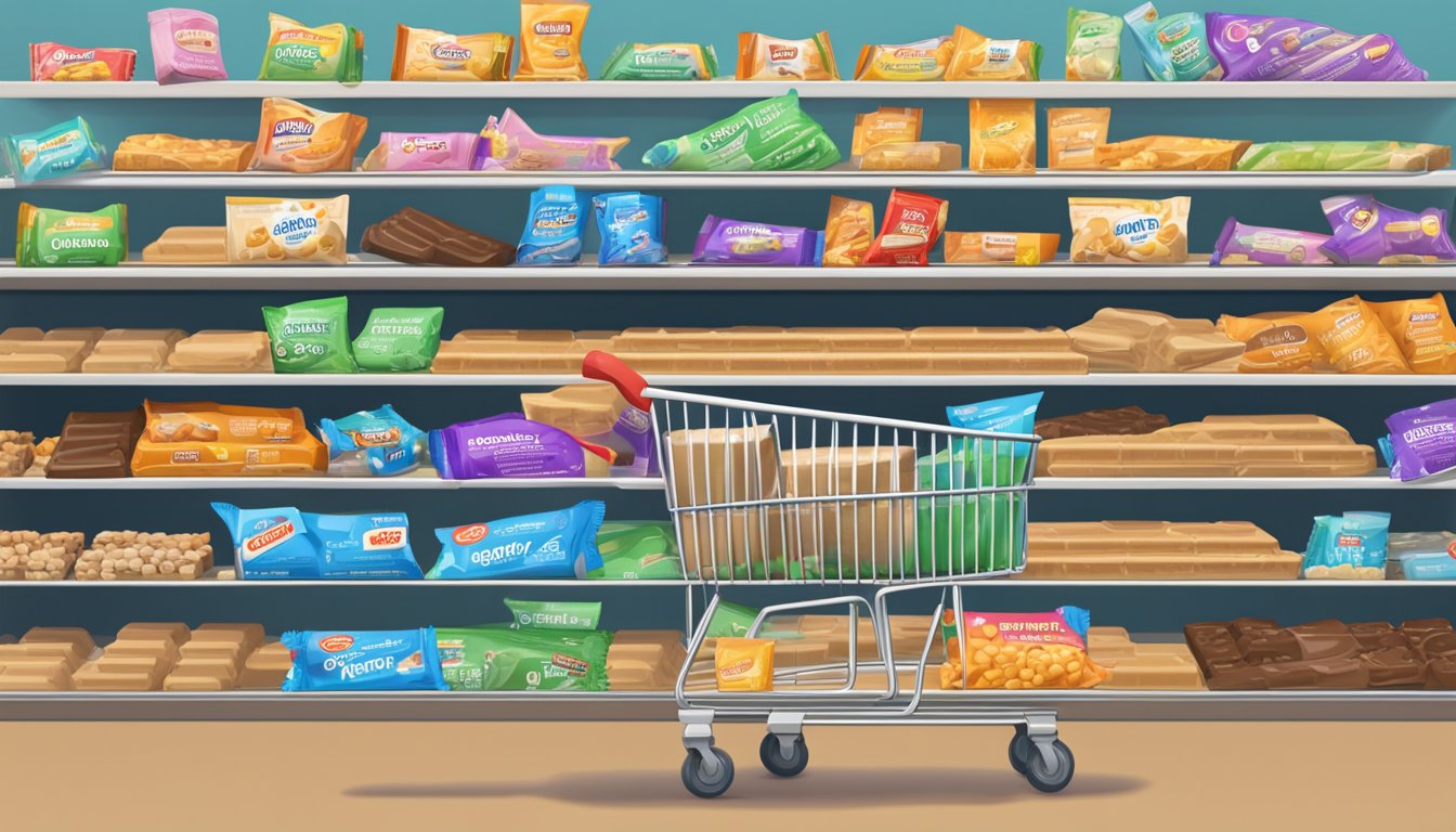 A towering stack of protein bars spills from an overflowing shopping cart, with empty shelves in the background