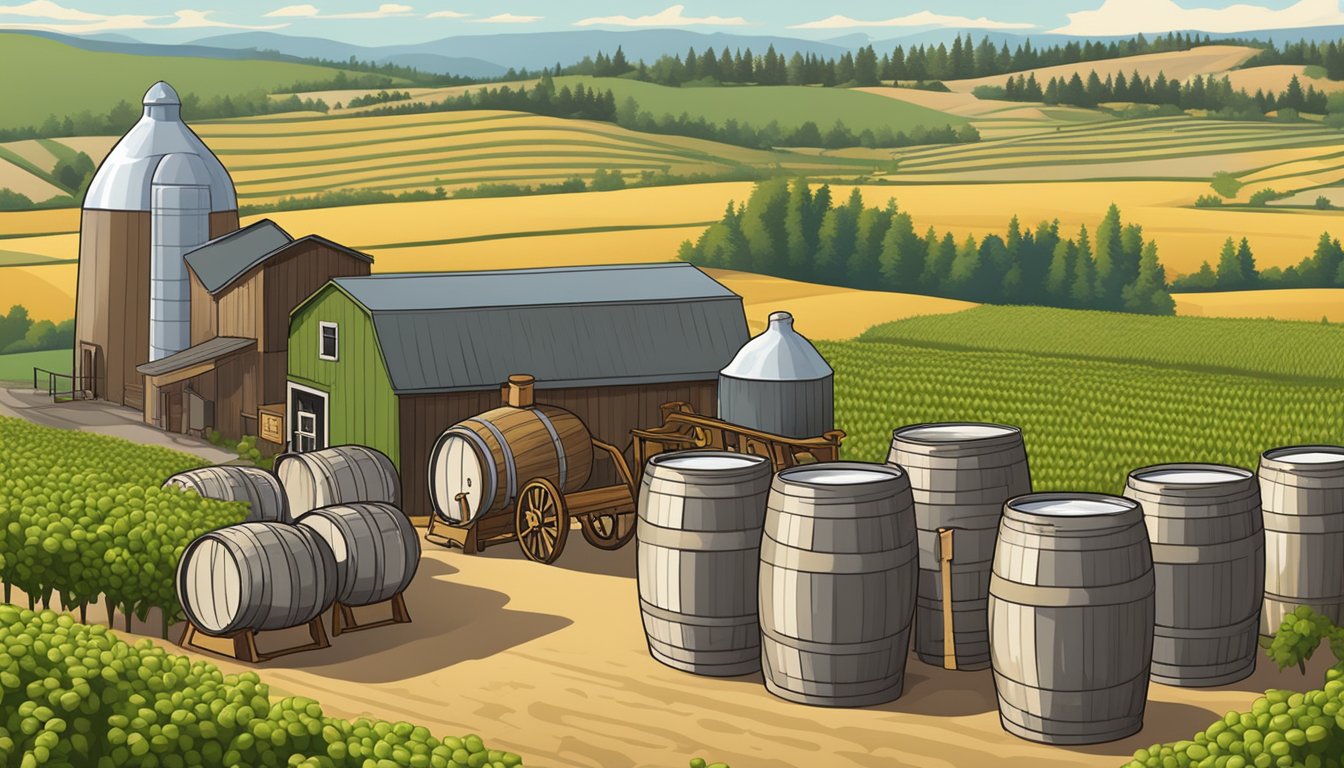 A bustling brewery with barrels and kegs, surrounded by fields of hops and barley under the Washington sun