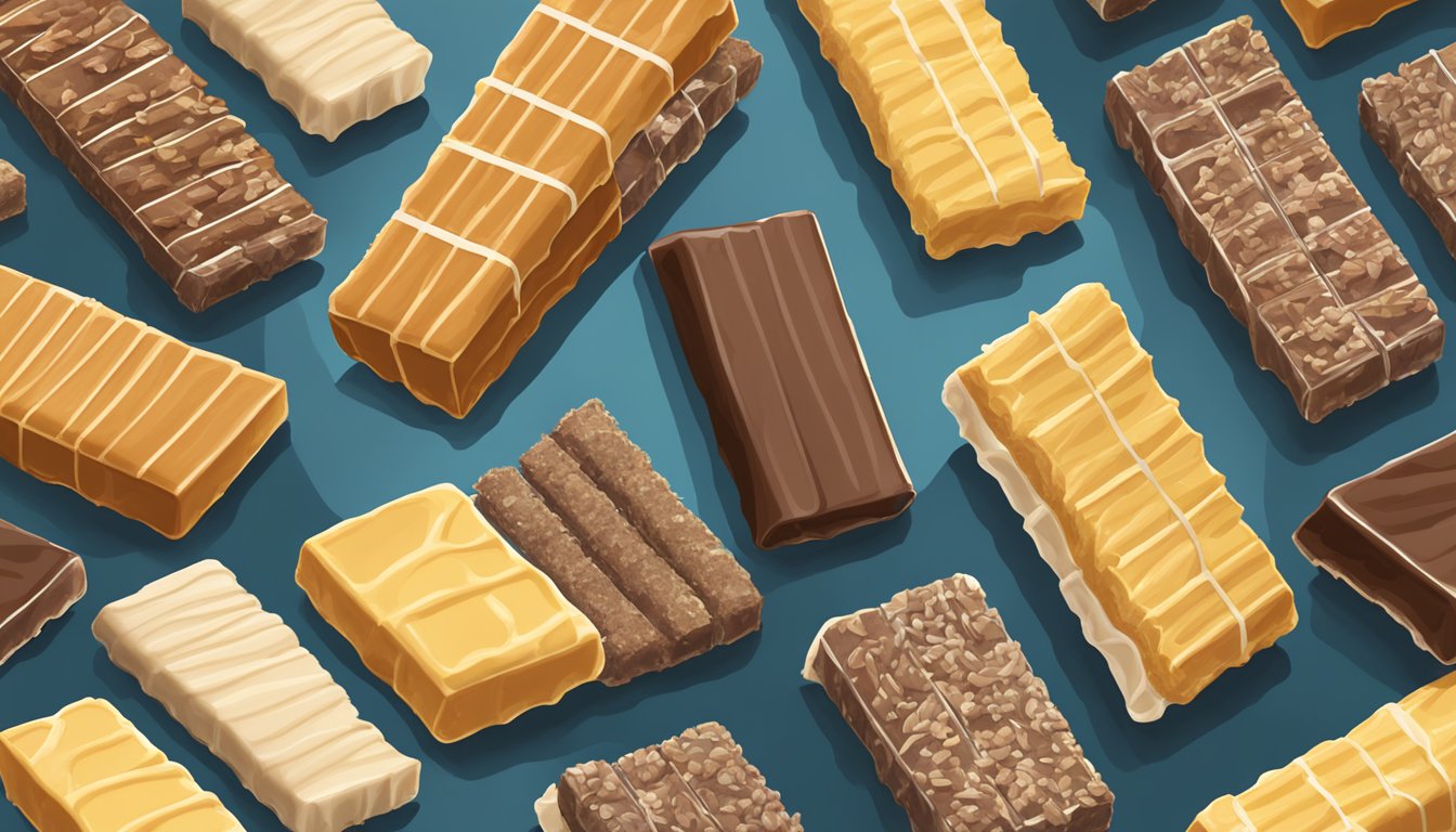 A table with an array of genius gourmet crispy protein bars, some partially unwrapped, others stacked neatly in a row