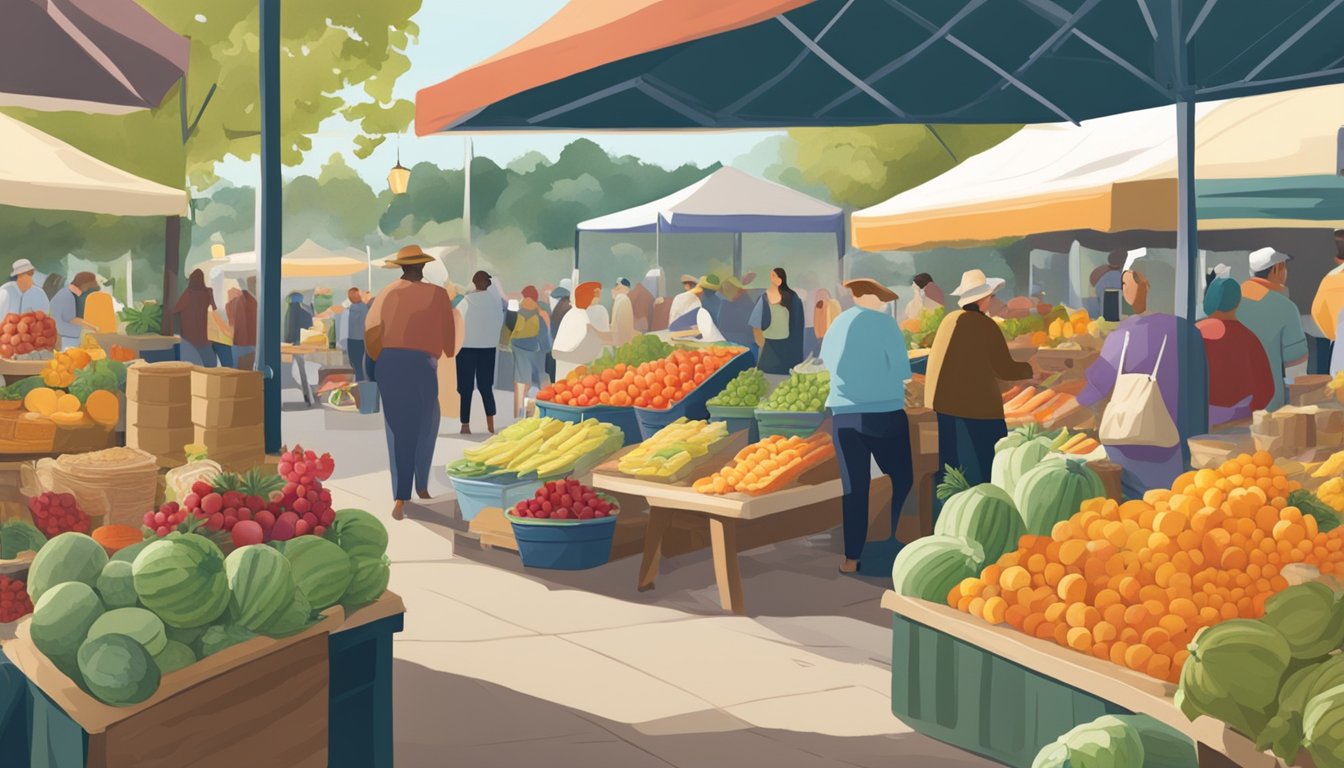 A bustling farmers market in Washington, filled with colorful fruits, fresh seafood, and artisanal cheeses. The scent of coffee and baked goods lingers in the air