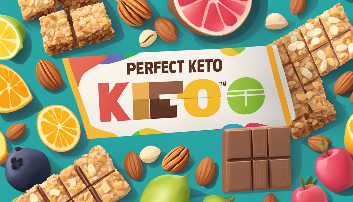 A colorful array of Perfect Keto Bars, surrounded by various fruits and nuts, with a sign indicating "Too much" with a red X over a pile of bars