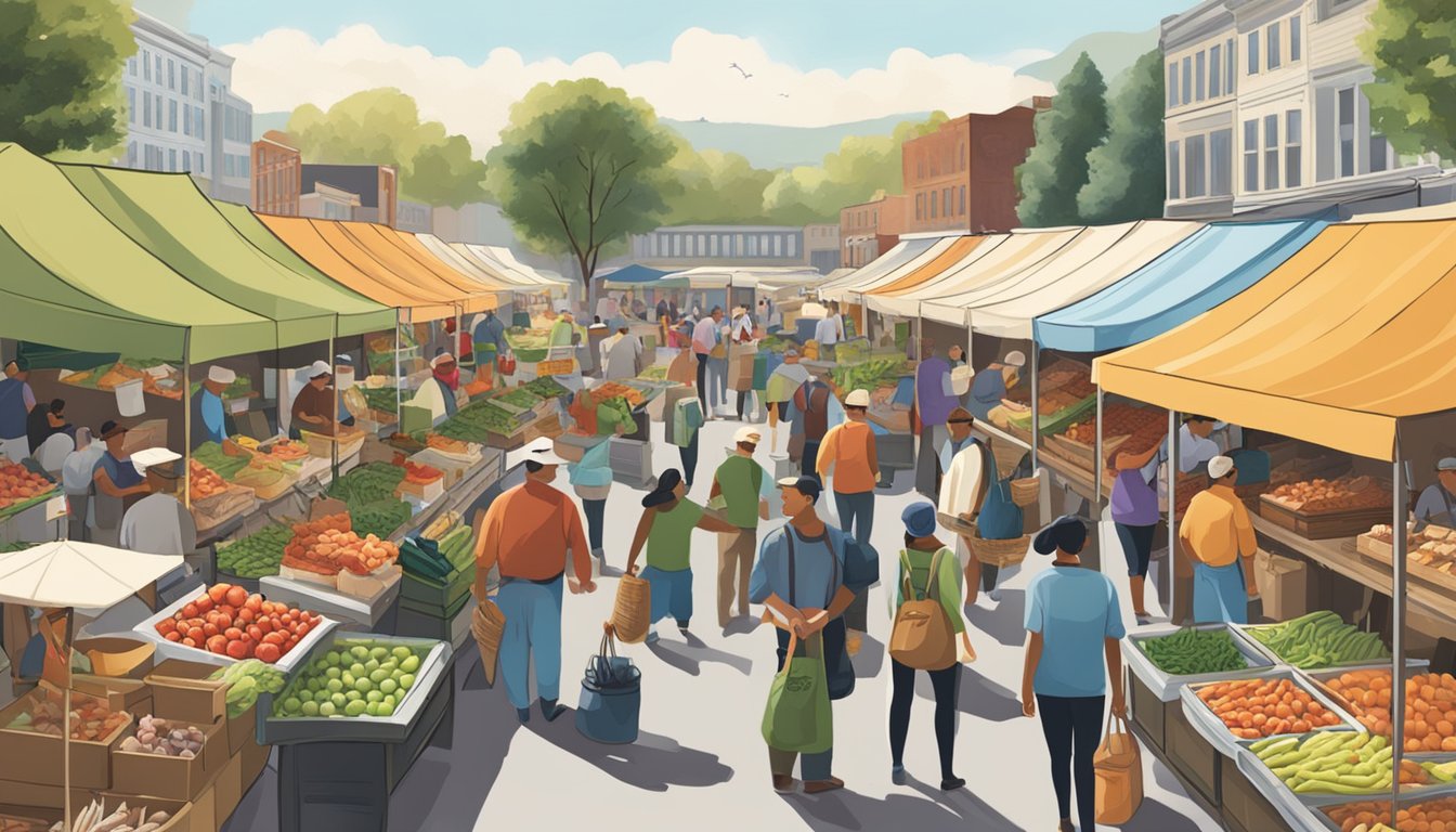 A bustling farmers' market with vendors selling fresh seafood, juicy apples, and famous Washington apples