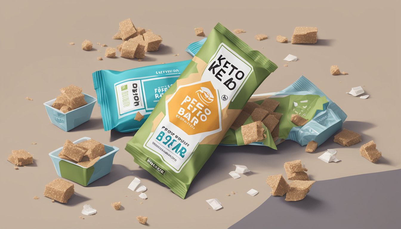 A mountain of empty Perfect Keto bar wrappers surrounded by discarded packaging and a person slumped over, clutching their stomach in discomfort