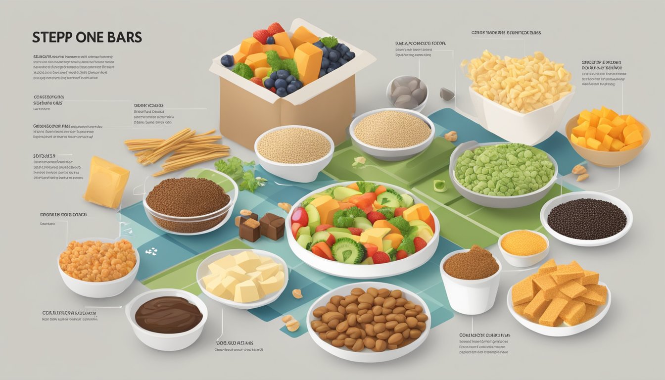 A table with various Step One Foods bars, surrounded by nutritional guidelines and serving size information