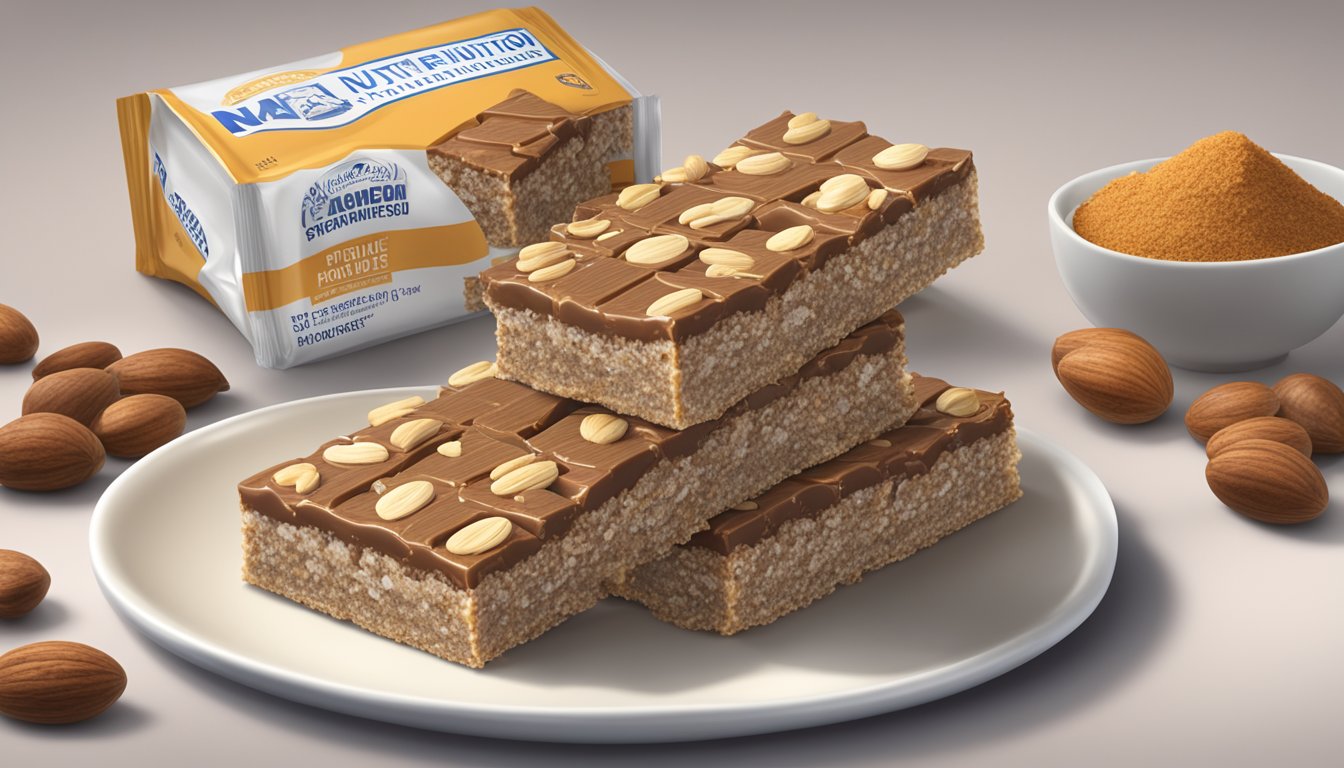 A pile of Nutmeg State nutrition bars towering on a plate, with a warning label in the background