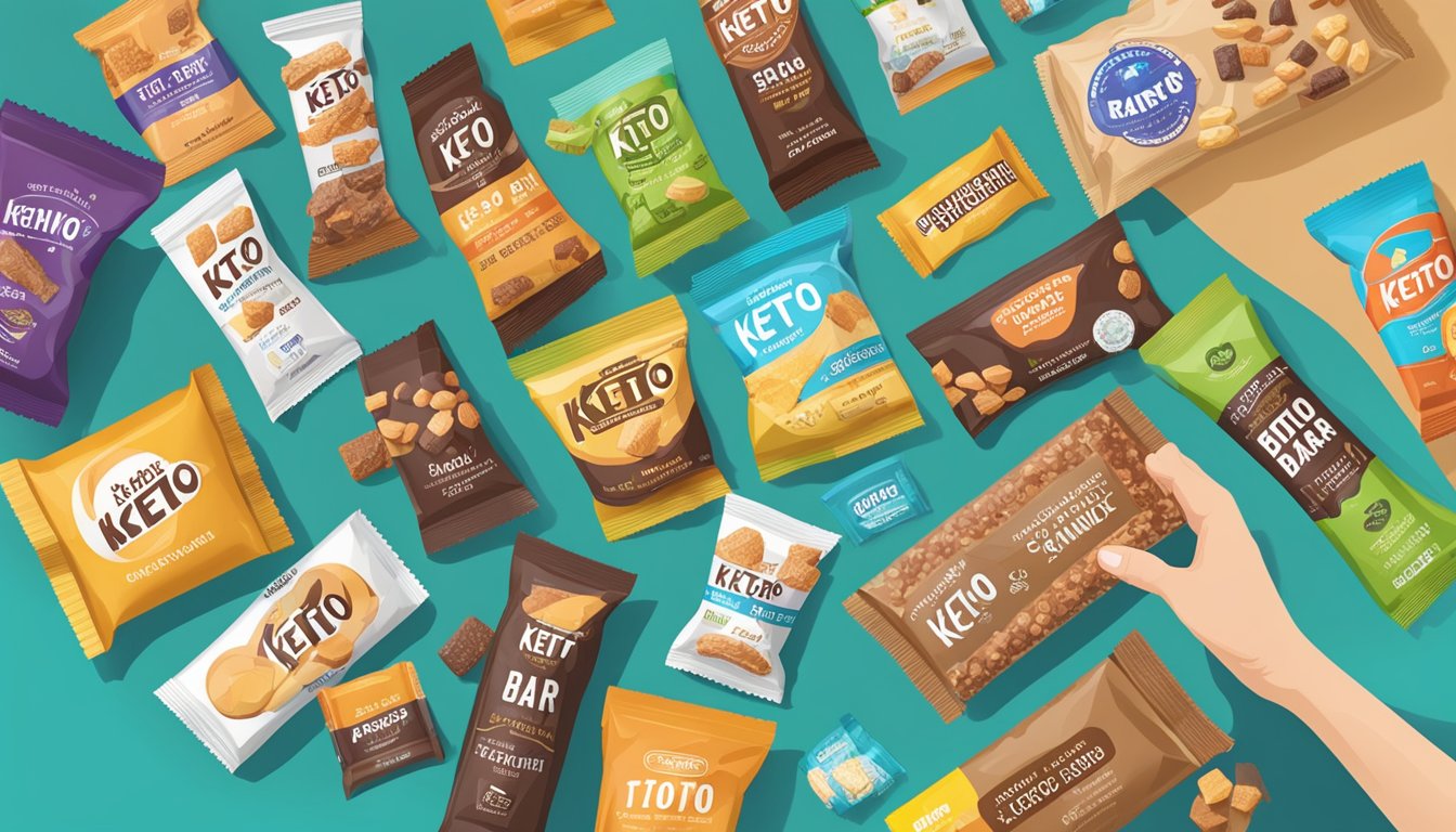 A table with an array of different keto bar brands, some partially unwrapped, and a person holding several bars in their hand