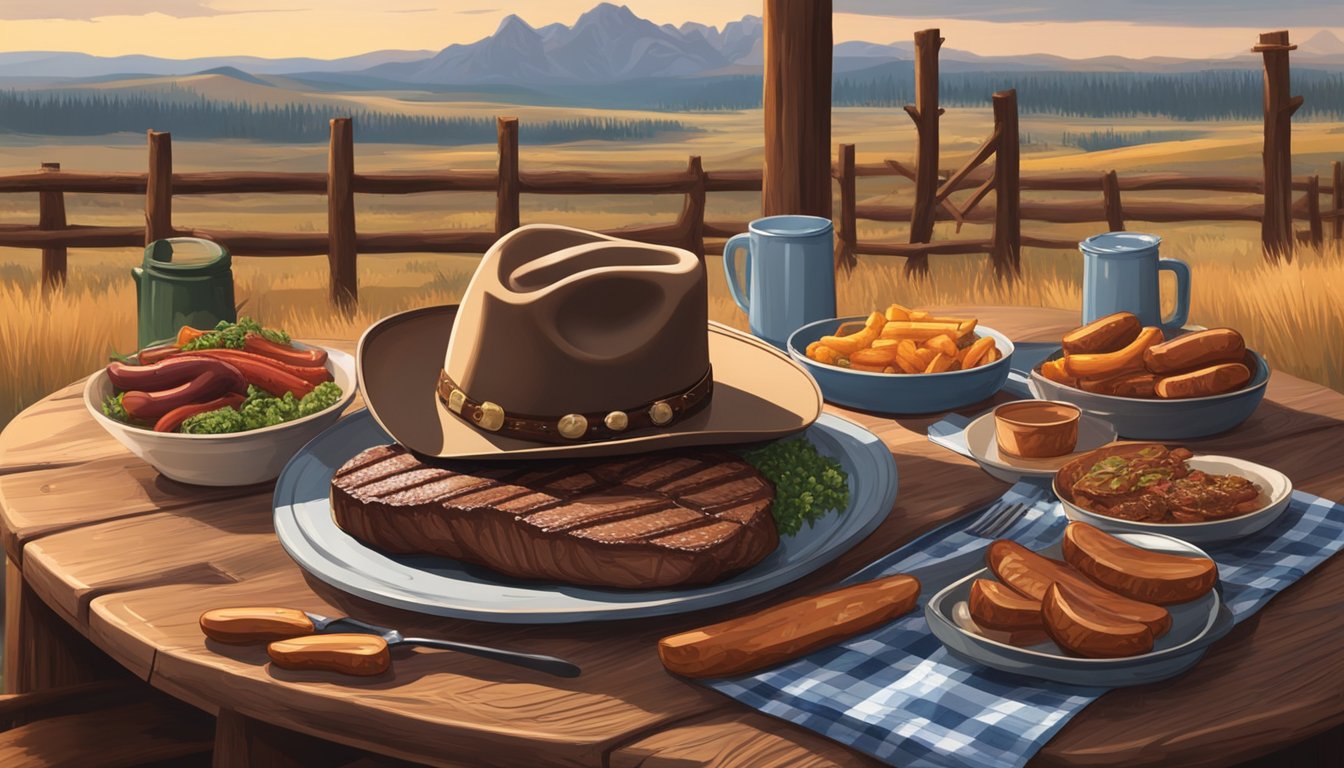 A cowboy hat resting on a wooden table, surrounded by plates of grilled steak, ribs, and sausages. A rustic Wyoming landscape in the background