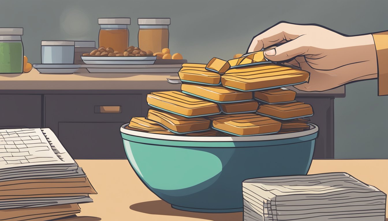 A stack of Step One Foods bars overflowing from a bowl, with a concerned researcher examining them