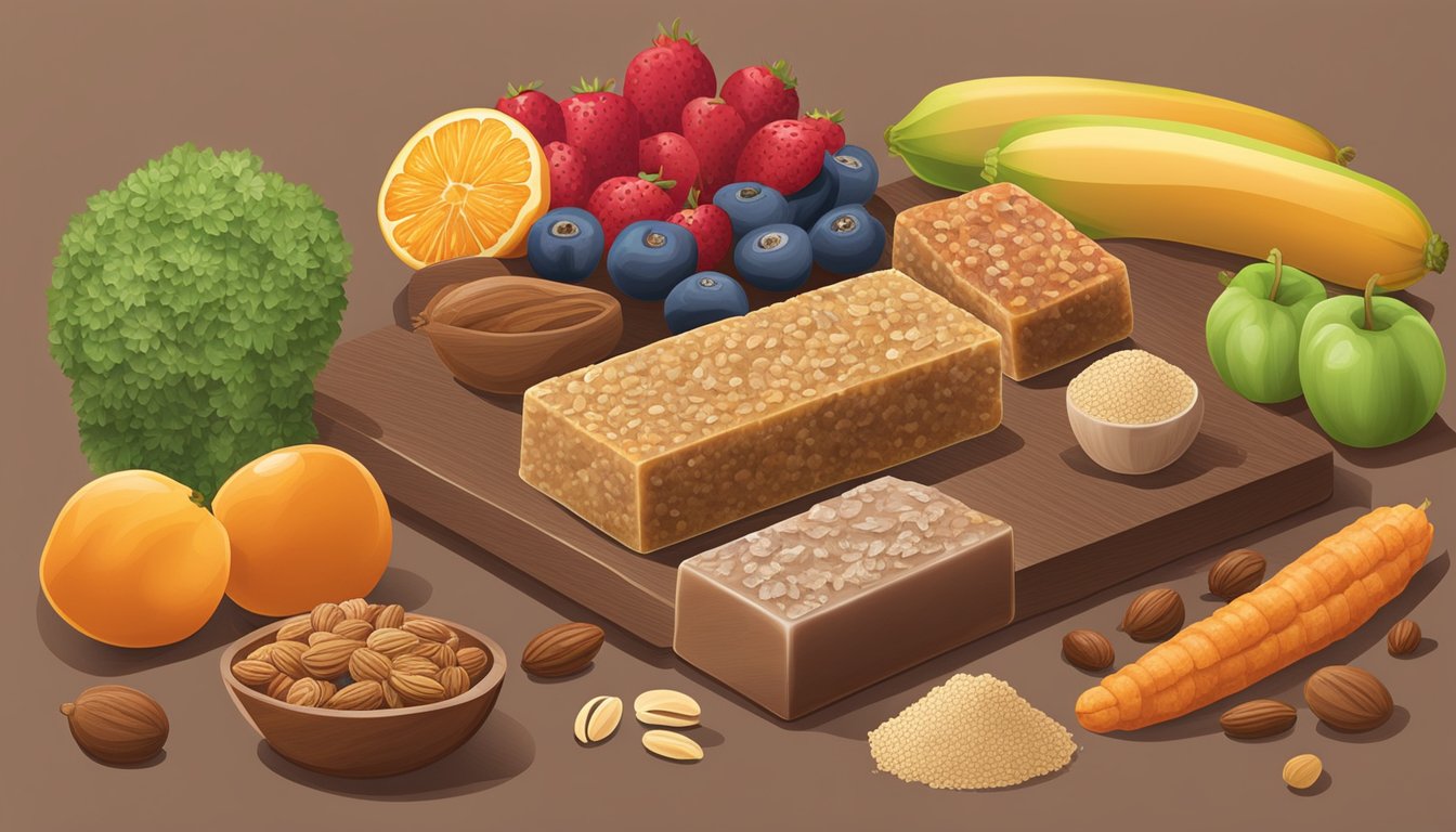 A variety of nutmeg state nutrition bars arranged on a wooden cutting board next to a selection of fresh fruits and vegetables